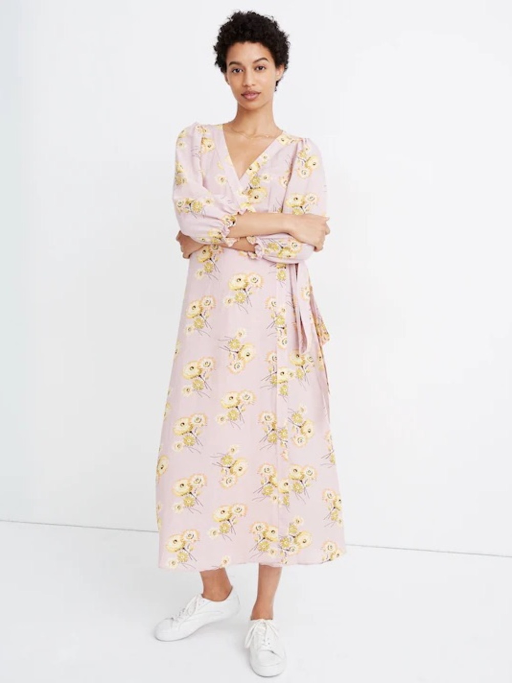 Madewell Pink & Yellow Floral Long Sleeve Wrap Dress